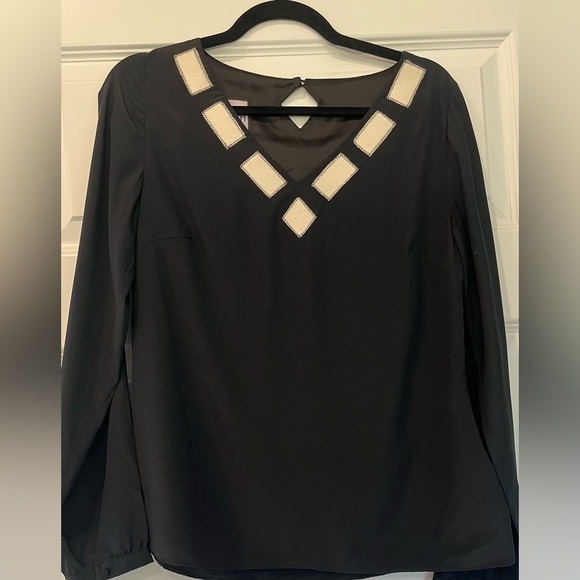SMITH Black Elegant Long Sleeve Blouse Top With White Geometric Appliqué Size S - Picture 2 of 8